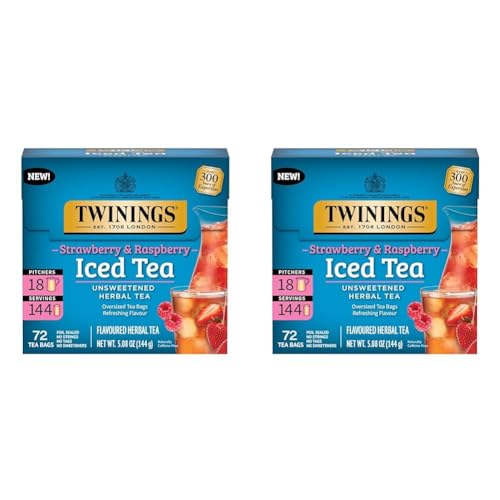 Image of Twinings Strawberry & Raspberry Herbal Iced Tea, 72 Oversized Tea Bags, Makes 18 Pitchers or 144 Servings, Unsweetened, Naturally Caffeine-Free, 72 Count (Pack of 2)