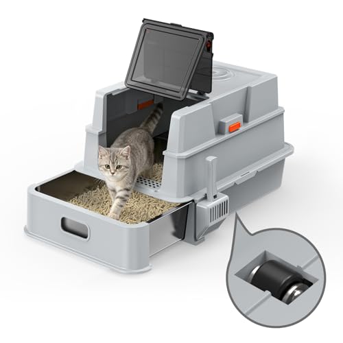 XXXL Stainless Steel Litter Box with Lid 28 L x 20.5 W x 16.5 H Extra Large Cat Litter Box Enclosure for Large and Multi-Cats Families Non-Sticky Anti-Leakage Easy to Clean(Light Gray)