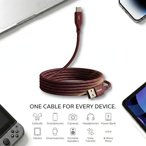 Image of PHILIPS DLC4130AI /94 18W Type-A to Type-C Fast Charging Cable (1m, Iron Red) | Nylon Braided | Compatible with iPhone 15+ Series, USB-C iPad Models, Samsung Galaxy & All Type C Devices