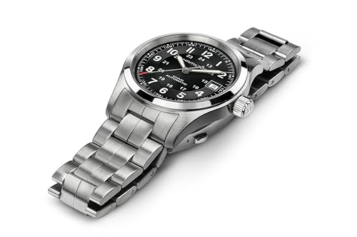 Image of Hamilton Khaki Field Automatic Men's Watch, 38mm Stainless Steel Case, Swiss Made, Black Dial Analog Wrist Watch for Men, 100m Waterproof, Sapphire Crystal, 3-Hand Movement, Stainless Steel Strap
