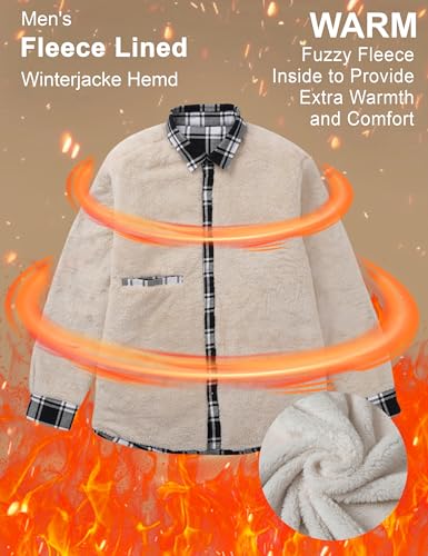 MAGCOMSEN Herren Karierte Jacke Winterjacke Übergangsjacke Warm Baumwolle Freizeit Gefüttert Hemd mit Tasche Schwarz XL