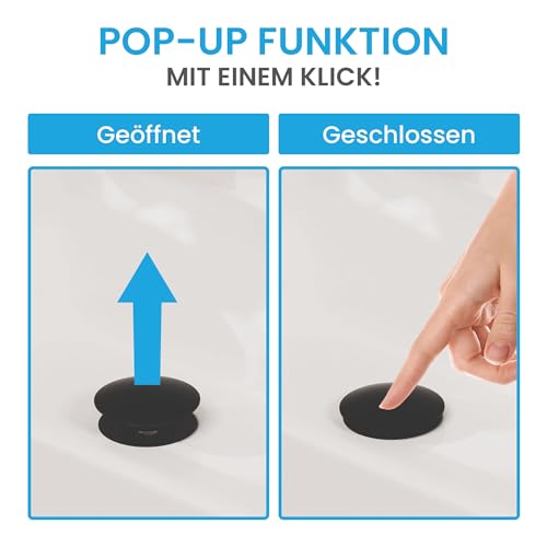 Bächlein Universal Ablaufgarnitur ohne Überlauf (Matt Schwarz) - Pop Up Ventil für Waschbecken und Waschtisch – Ablaufventil Abflussgarnitur aus Messing mit Einbauanleitung
