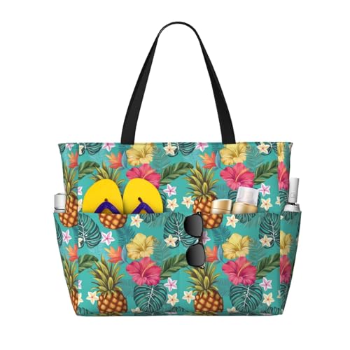 Large Beach Bags Water-resistant Sandproof - Hawaiian Style Pineapple Cute Beach Tote Bags for Women with Zipper