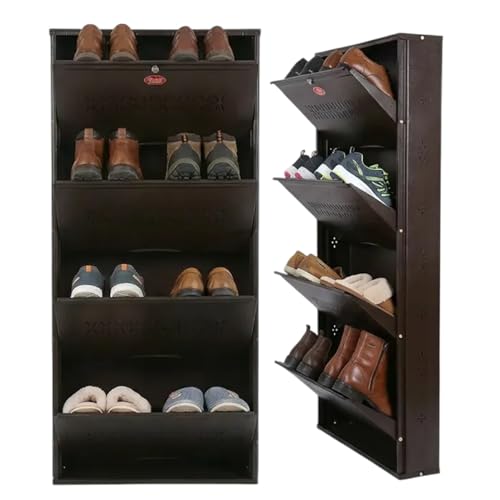 Image of Skywave Luxury Wall Mounted Metal Shoe Rack for Home - 4 Shelf, Holds Up to 25 Pairs | Central Locking Shoe Cabinet | Space Saving | Heavy Duty Steel | 3 Year Warranty (Coffee Brown, 26 Inches)