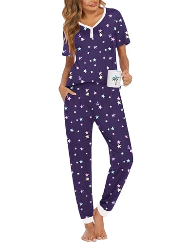 Image of Ekouaer Pajamas for Women Set 2 Piece Fall Lounge Sets Short Sleeve Pjs Joggers Long Pants Sleepwear with Pockets