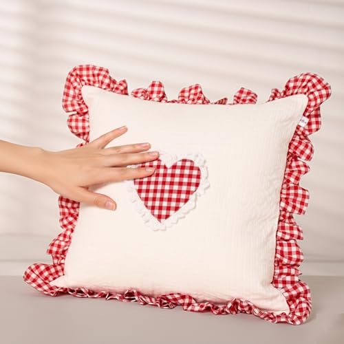 Image of Sleepy Threads Cotton Cushion Cover 16 Inches x 16 Inches, Checkered Frilled Border with Cute Red Heart Decorative and Soft Sofa Cushion Cover for Living Room, Bedroom, Couch and Home Decor