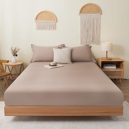 Daesar Conjunto Sabana Bajera Elástico y 2 Fundas de Almohada,Color Sólido Algodón Sabanas Bajeras Matrimonio Marrón Claro,180 x 220 CM