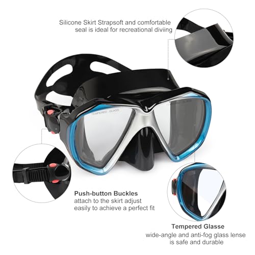 Image of Snorkel Diving Mask Set, Panoramic HD Scuba Swim Mask, Tempered Anti-Fog Lens Glasses Snorkel Goggles, Scuba Dive Snorkel Mask with Silicone Skirt Strap for Dry Snorkeling, Swimming (Silver Blue)