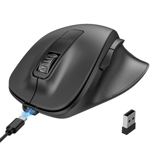 TECKNET Ergonomische Maus Kabellos, Bluetooth Maus Aufladbar mit 3 Gerät (2*Bluetooth+USB), 4800DPI, 6 Tasten, Silent Funkmaus für Laptop/PC/Tablet/MacBook
