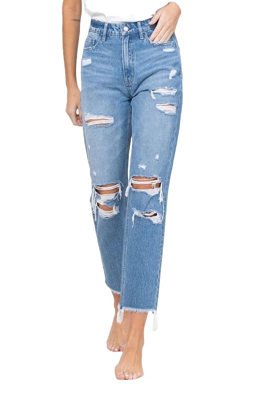 VERVET by Flying Monkey Women's Distressed Raw Hem Mom Jeans