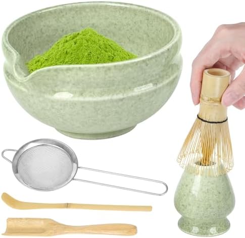 6Pcs Matcha Set, Traditional Japanese Matcha Whisk Set with Bamboo Chasen, Ceramic Bowl, Scoop, Spoon, Sifter, Whisk Holder - Green