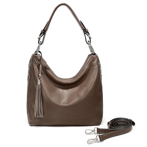 Image of YALUXE Women's Genuine Leather Hobo Handbags Purses Shoulder Bags Cross-body Bags with Double Zippered Pockets