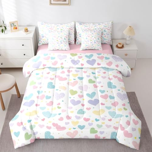 Image of Erosebridal Cute Heart Queen Comforter Set 7 Piece Valentine Love Heart Comforter Set Rainbow Hand Drawn Style Bedding Sets for Kids Girls Cartoon Geometric Sheet Set with Comforter