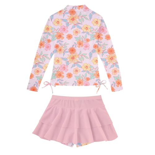 Image of Vogseek 3-12T Girls Rash Guard 2 Pieces Bathing Suit Long Sleeve Swimsuit Swimming Skirt with Shorts Swimwear