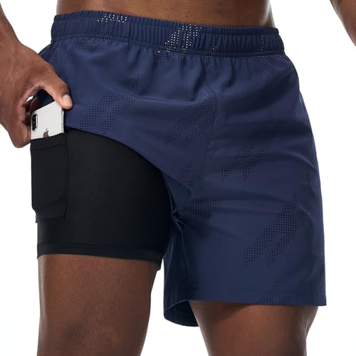 Danfiki Pantaloncini Uomo Pantaloncini da Corsa 2 in 1 Sportivi Estivi Fitness Shorts Pantaloncini Traspiranti + Asciugatura Rapida con Tasche per Sport Outdoor Jogging Running