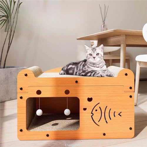 EnergyDeer 猫用爪とぎボード、猫ベッド、猫ハウス、猫用ステップ(階段付き)、爪とぎ器で、段ボール・木製材?、大サイズ二段式設計、夏用・室内用に適し 外観を備える (d,A)