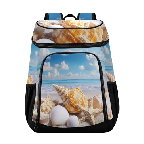 Starfish Seashells Beach Coastal Cooler Backpack Cooler Insulated Leak Proof Lunch Backpack 36 Cans Waterproof Soft for Men Women Picnic Hiking Camping Beach