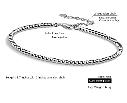 Meilanduo 925 Sterling Silver 3Mm Ball Bead Chain Anklet Bracelet, Simple Dainty For Women Teen Girls, Resizable Design #TOP1