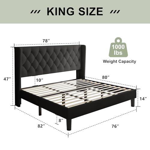 Image of Feonase King Size Bed Frame with Wingback Tufted Headboard, Upholstered Platform Bed Frame with Heavy Duty Wooden Slats Support, Noise-Free, No Box Spring Needed, Easy Assembly, Black