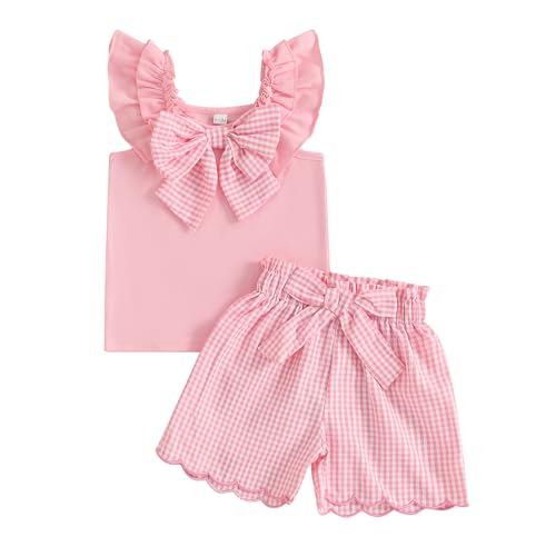 AHUGHAUE Baby Girl Summer Outfits Bow Fly Sleeve T Shirt Top Gingham Plaid Ruffle Shorts Trendy Toddler Clothes Set (Pink, 3-4T)