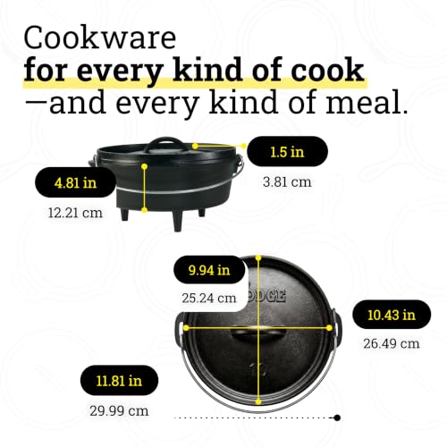 Image of Lodge Seasoned Cast Iron Camp Dutch Oven with Lid - 4 Quart - Dual Handles - Seasoned Cast Iron Cookware with Steel Handle & Strong Lid for Heavy- Duty Camping Cookware