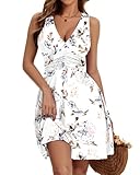 WNEEDU Women's Summer Sleeveless Dresses V-Neck Empire Waist Sundress Ladies Casual Knee Length Beach Dress with Pockets Floral White XL