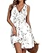 WNEEDU Damen Ärmelloses V-Ausschnitt Sommerkleid Tailliertes Knielang Strandkleid Sommer Leichte Freizeitkleid mit Taschen Weiße Blumen M