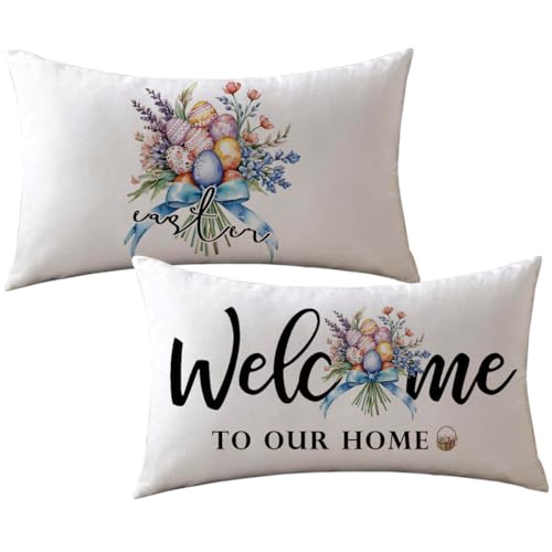 ULOVE LOVE YOURSELF Spring Easter Decorative Lumbar Pillow Cover 12x20 Inch Easter Eggs Flower Farmhouse Welcome to Our Home Cushion Covers 2Pack for Sofa/Couch/Porch(Blue/Purple)