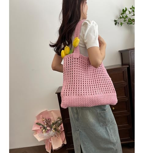 Image of Pink Crochet Tote Bag, Large Woven Beach Bag, Handbag Knit Bag for Women, Summer, All Seasons, 15 x 9.5x 4.3 inches