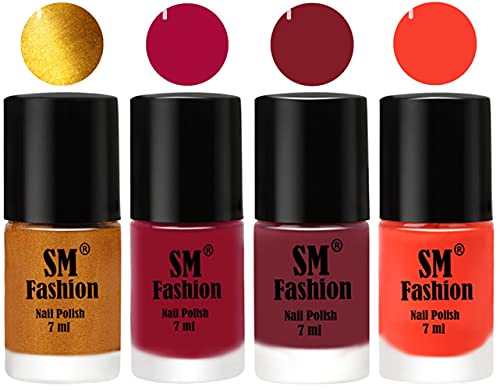 Image of Nail Polish Combo Set (Pack of 4) Quick Dry Gel Finish Nail Paint | Golden,Raspberry,Lip,Light Orange | 7 ml Each