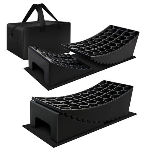 Image of ROBLOCK RV Leveling Blocks Up to G.V.W 35000 LBS, Camper Leveling Blocks with Chocks, Anti-Slip Mats, Carry Bag, RV Leveling System for Travel Trailers, 4 inch Max Leveling Height, 2 Packs, Black