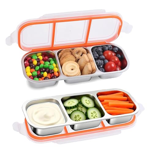 Yudobliss Stainless Steel Snack Box with 3 Compartments, Lunch Box, Portable Snack Plates, Bento Snack Container with Leak-proof Lids, Lunch Box, Metal Lunch Box, Travel, for Sweets, Spices