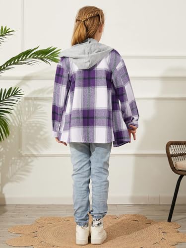 Image of Girls Cute Flannel Plaid Button Down Top with Pockets Long Sleeve Hooded Jacket
