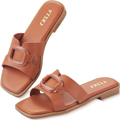 YTSKJ Womens Sandals Slip On Flat for Summer Comfortable Ladies Dressy Fashion Square Open Toe Slides Faux Leather Casual Shoes with Metal Decor Brown Size 7
