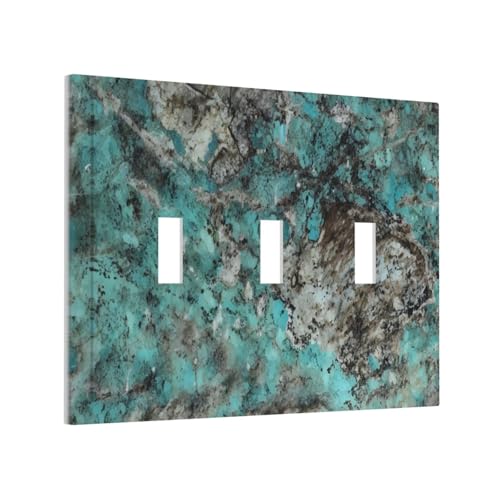Plaque murale décorative turquoise rustique avec texture minérale marbrée pour 3 interrupteurs