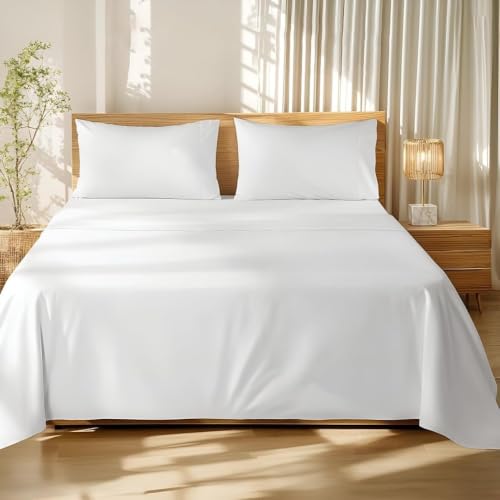 Image of Blue Strip Polycotton Bedsheet, Double 90x100 (Pure White) | Hotel Quality | Soft, Breathable & Colourfast | Wrinkle Resistant | Machine Washable | Pillow Covers Included