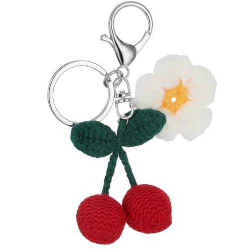 Apausvcm Handmade Weaving Cherry Pearl Keychain, Kawaii Cherry Flower Key Chains Accessories Car Rearview Mirror Hanging Accessories Cute Bag Purse Charms for Handbags Backpack Women Girls Gift