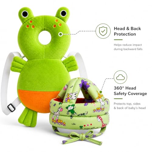 Image of GLUN Baby Back Protector with Head Protective Hat Combo Set, Cute Frog Shape Soft Cushioning, Adjustable Shoulder Belt, Head Protection Gear for 6-18 Month Toddler Kids