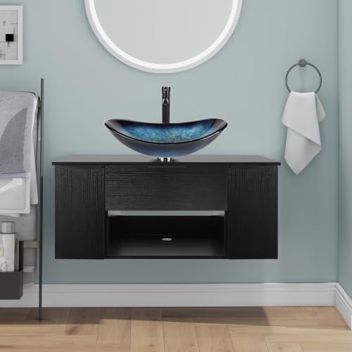SOLIDEE 36 Inch Black Floating Bathroom Vanity with 2-Doors and