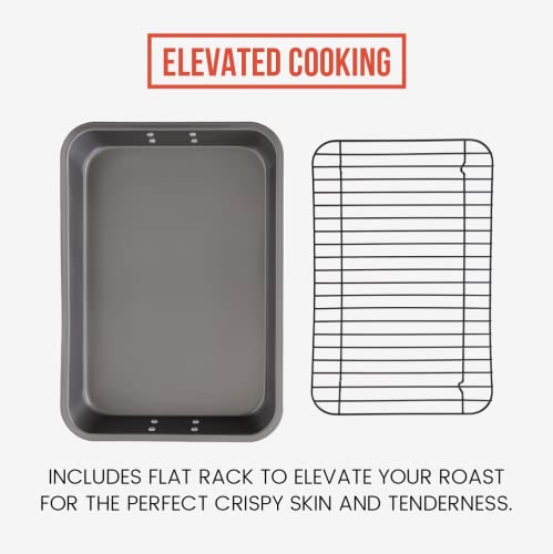 Chef Pomodoro Nonstick Carbon Steel Large Roasting Pan with Rack, Turkey Roasting Pans for Oven, Roaster Pan with Flat Rack, Turkey Pan for Oven, Roaster Pan Bakeware Grey