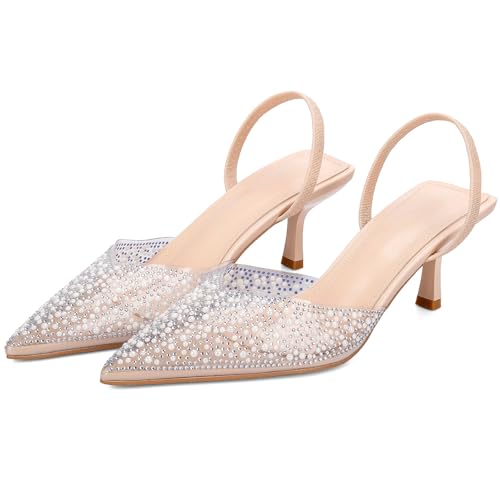 Image of YIYA Women's Clear Slingback Heels with Pearl Studded Pointed Toe Kitten Mid Heels Sparkly Rhinestone Slip On Wedding Party Shoes