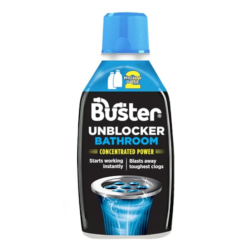 Buster Bathroom Drain Unblocker, Double Dose Bottle, Fast-Acting Sink Unblocker Dissolves Hair, Sludge & Soap, Drain Cleaner Clears Blockages in Shower, Bath & Bathroom Sink Pipes, 600ml - Made in UK