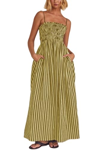 Image of KMBANGI Women Striped Sleeveless Maxi Dress Swing Patchwork Midi Dress Smocked Spaghetti Strap Colorful Long Sundress