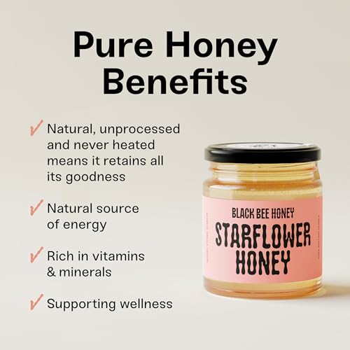 Black Bee Honey - Starflower Honey Pure British Borage Light Sweet and Floral, Unprocessed, Single Source from Hive to Jar, Never Blended - Delicious on Toast or Soothing in Drinks, 227g Glass Jar
