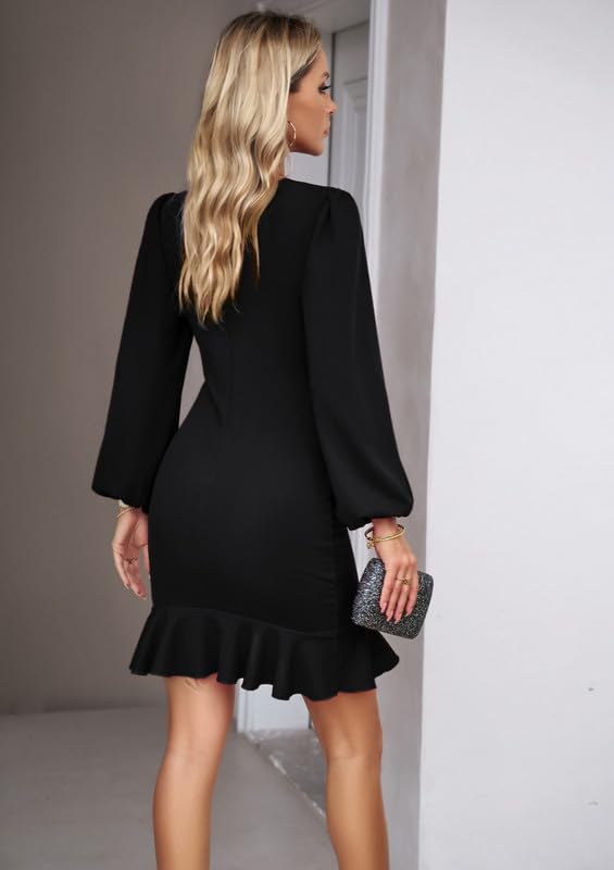 Vestito Donna Elegante Maniche Lunghe Aderente Mini Abito da Sera con Orlo Irregolare a Coda di Pesce Sexy Tubino Bodycon Dress per Business Formale Lavoro Cerimonia Cocktail Party Festa