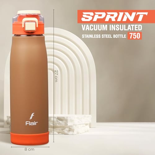 Image of FLAIR Sprint 750ml Vacuum Insulated Water Bottle - 304 Stainless Steel, Double Wall Thermos Flask, Leak-Proof, BPA-Free (Brown)