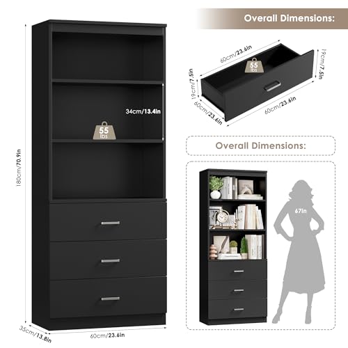 FOTOSOK 71“H Black Bookshelf with Drawers, Bookshelf and Bookcase with 3-Tier Open Shelves, Tall Bookcase Tall Storage Cabinet for Home Office