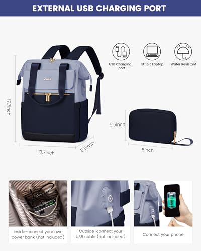 Image of LOVEVOOK Laptop Backpack for Women, 15.6 Inch Work Laptop Bag with USB Port, Fashion Teacher Nurse Backpack Purse, Waterproof Travel Computer Backpack with Organizer Bag, 2PCS, Grey Blue-Ink Blue