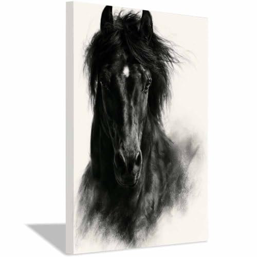 Peinture sur toile cheval noir et blanc 40x60cm encadrée art mural premium