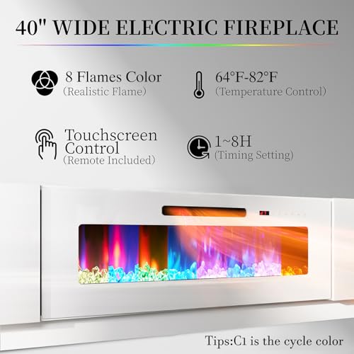 Image of AMERLIFE 80 inch High-Gloss Fireplace TV Stand with 40 inch Electric Fireplace | White LED TV Console, Modern Living Room Entertainment Center, Fits TVs up to 90 inch, 2 Cabinets, 2-Tier Storage Space